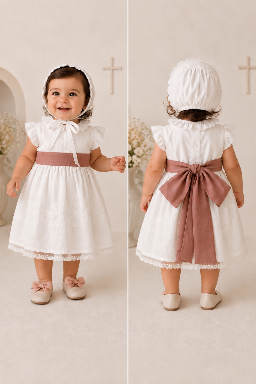Vestido, touca e tapa fralda em linho e renda Nizeret 5591